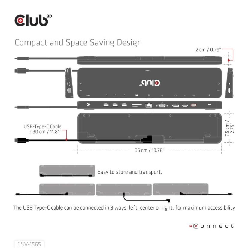 Club3D Dokovací stanice USB-C 14v1, 1xDP, 1xHDMI, 1xVGA, 2xUSB-C, 5xUSB, 1xRJ45, 1x3.5mm, šedá
