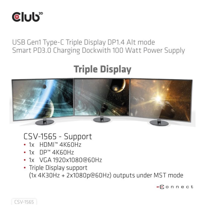 Club3D Dokovací stanice USB-C, Triple Display DP 1.4 Alt mode Smart PD3.0 Charging Dock with 100 Watt PS