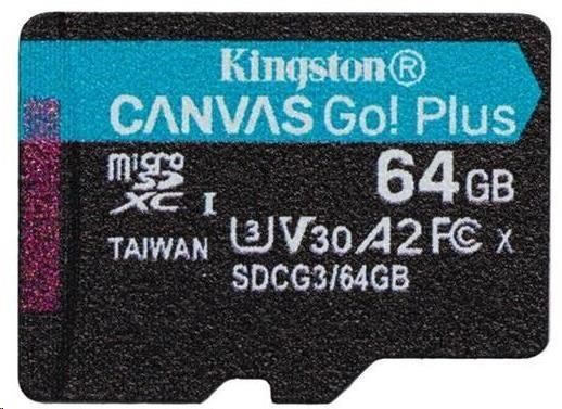 Kingston MicroSDXC karta 64GB Canvas Go! Plus, R:170/W:70MB/s, Class 10, UHS-I, U3, V30, A2