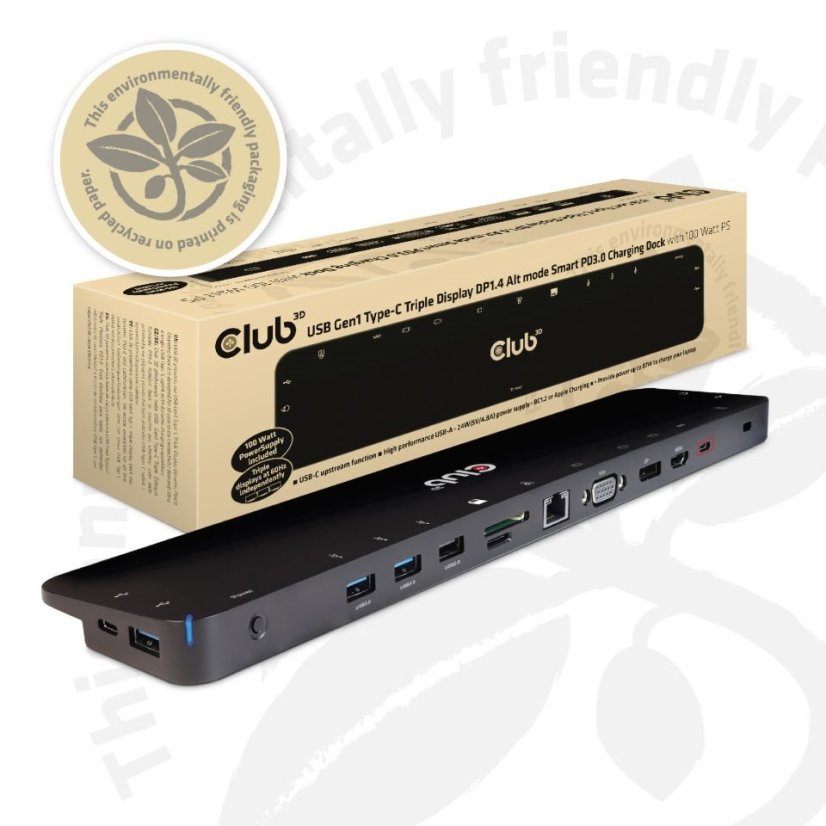Club3D Dokovací stanice USB-C, Triple Display DP 1.4 Alt mode Smart PD3.0 Charging Dock with 100 Watt PS