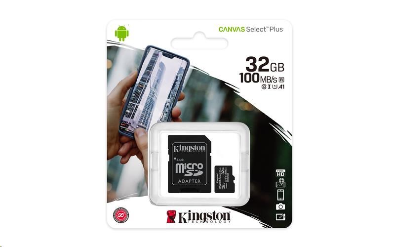 Kingston MicroSDHC karta 32GB Canvas Select Plus 100R A1 C10 Card + SD adaptér