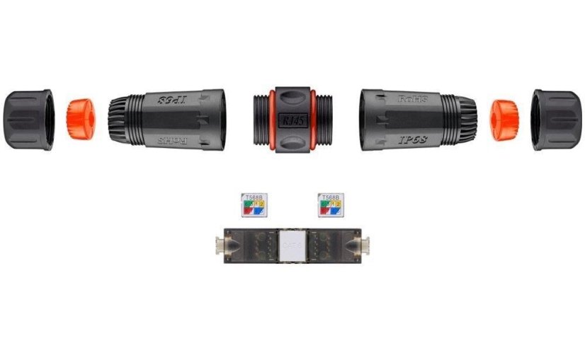 Spojka vodotěsná STP RJ45, Cat5E, Cat6, Cat6A, krytí IP68
