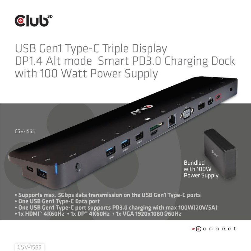 Club3D Dokovací stanice USB-C, Triple Display DP 1.4 Alt mode Smart PD3.0 Charging Dock with 100 Watt PS