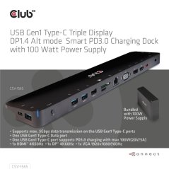 Club3D Dokovací stanice USB-C, Triple Display DP 1.4 Alt mode Smart PD3.0 Charging Dock with 100 Watt PS
