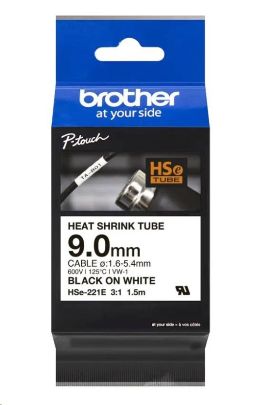 BROTHER smršťovací bužírka - HSE-221E bílá pro E300VP H300 H500 E550 P700 P750 D800 P900 P950 - 9,0 mm/ 1,6-5,4 / 3:1