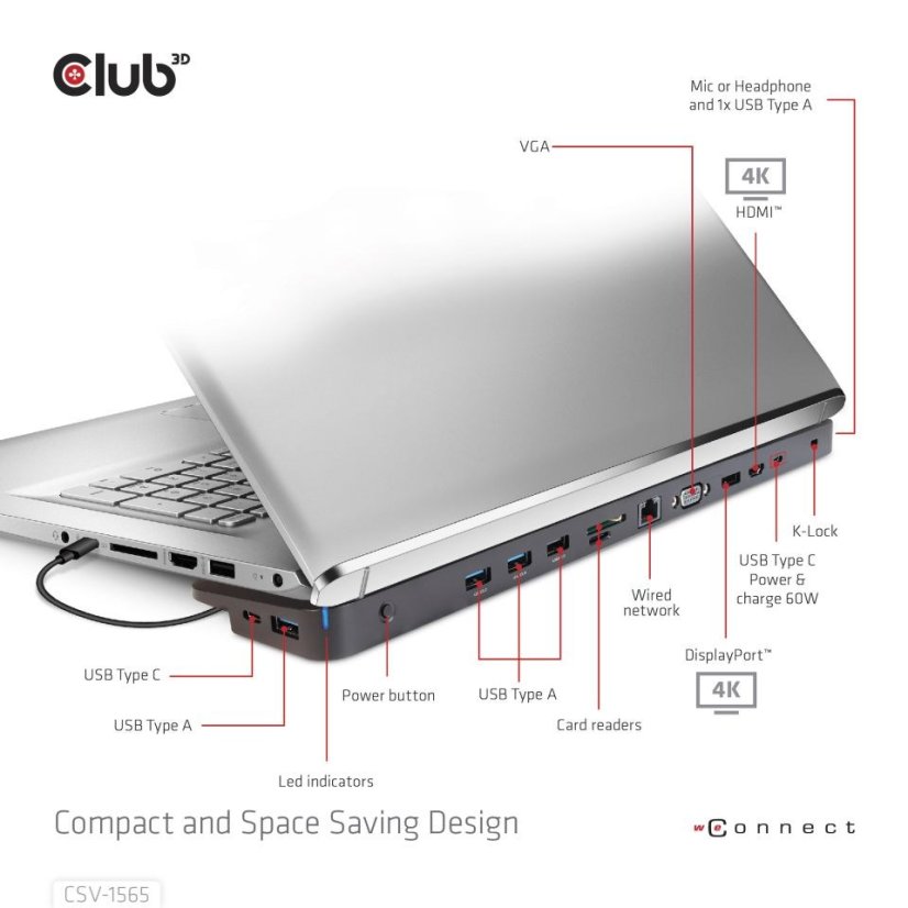 Club3D Dokovací stanice USB-C 14v1, 1xDP, 1xHDMI, 1xVGA, 2xUSB-C, 5xUSB, 1xRJ45, 1x3.5mm, šedá