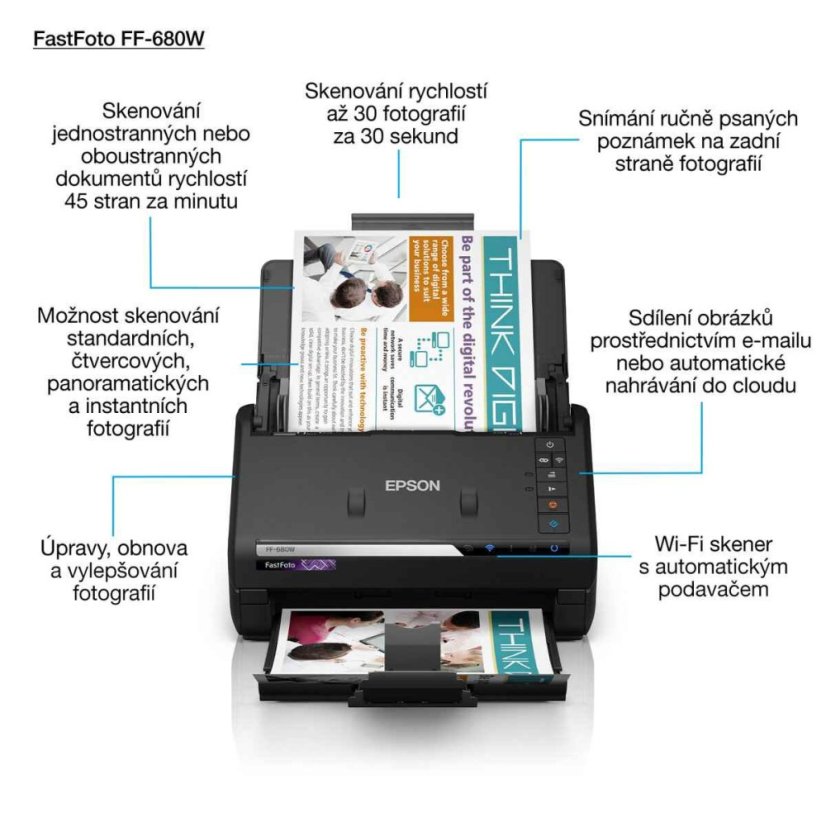 EPSON skener FastFoto FF-680W, A4, 600x600dpi, 24 bits Color Depth, USB 3.0, Wireless LAN
