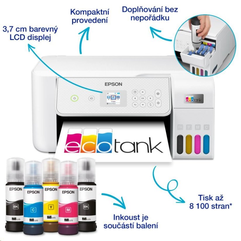 EPSON tiskárna ink EcoTank L3286, 5760x1440dpi, A4, 33ppm, USB, Wi-Fi, sken, bílá,Záruka 5 let po registraci zdarma