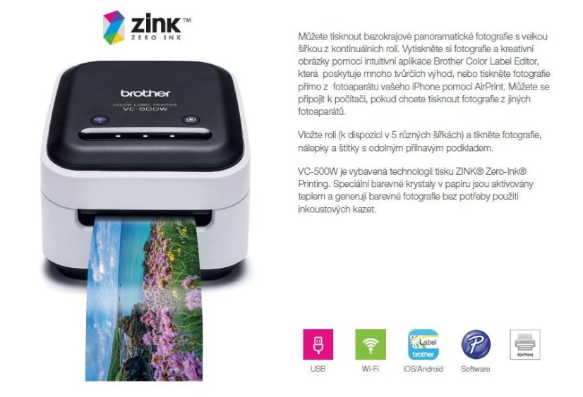 BROTHER tiskárna štítků FOTO - VC500W - WIFI, USB, COLOR bez potřeby inkoustu - Integrovaný odstřih