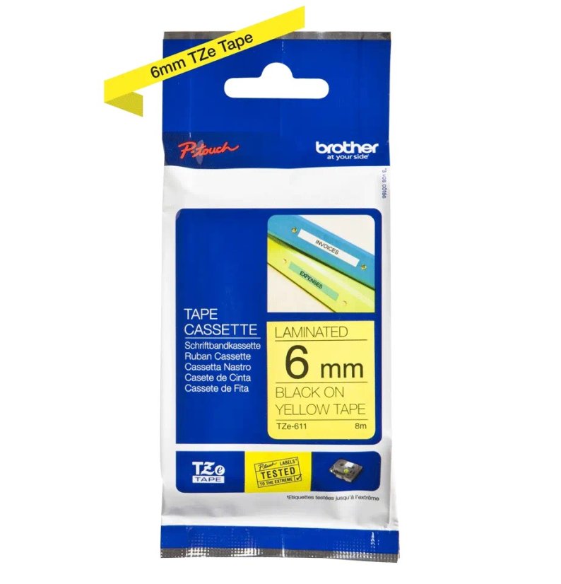 BROTHER TZE611 - kazeta TZ šířky 6mm, laminovaná TZE-611, žlutá/černé písmo